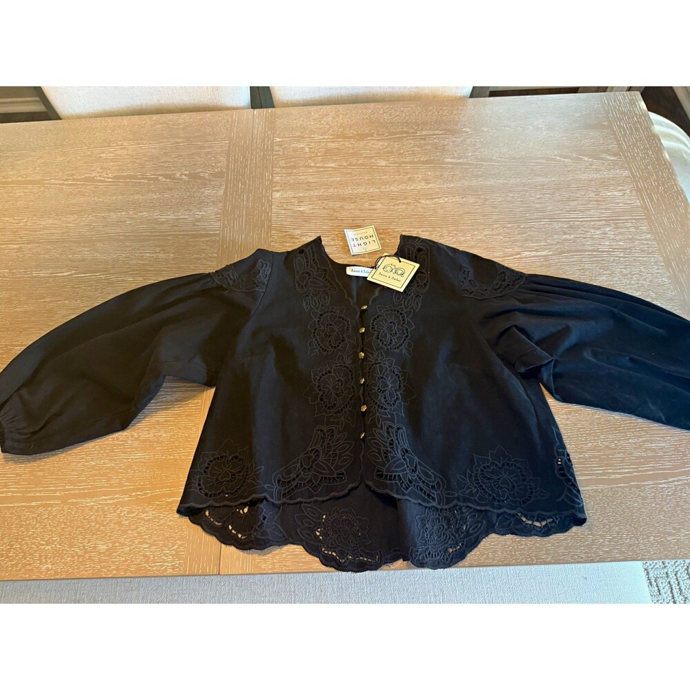 Aaron & Amber Women's Black Embroidered Floral Boho Jacket L Button Long Sleeve